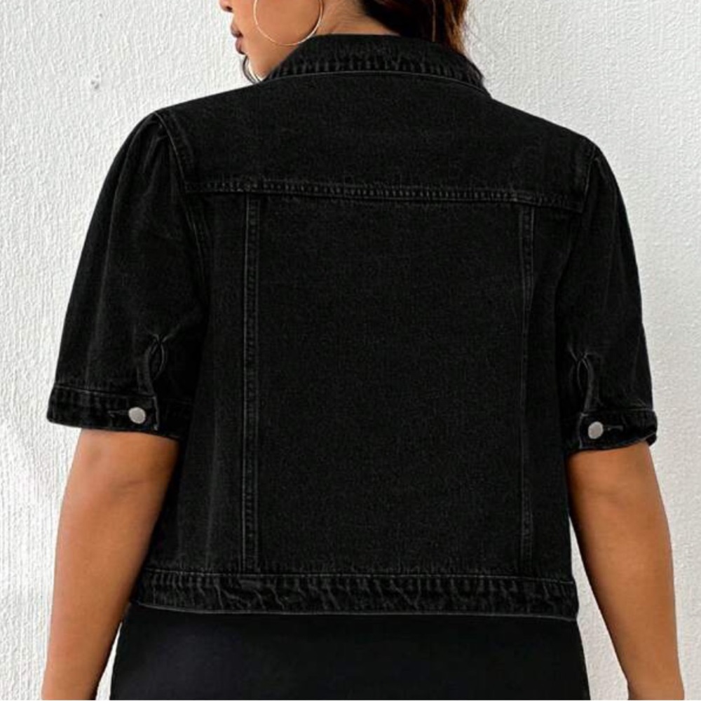 Plus Black Puff Sleeve Denim Distressed Jacket Shacket - Picture 2 of 4